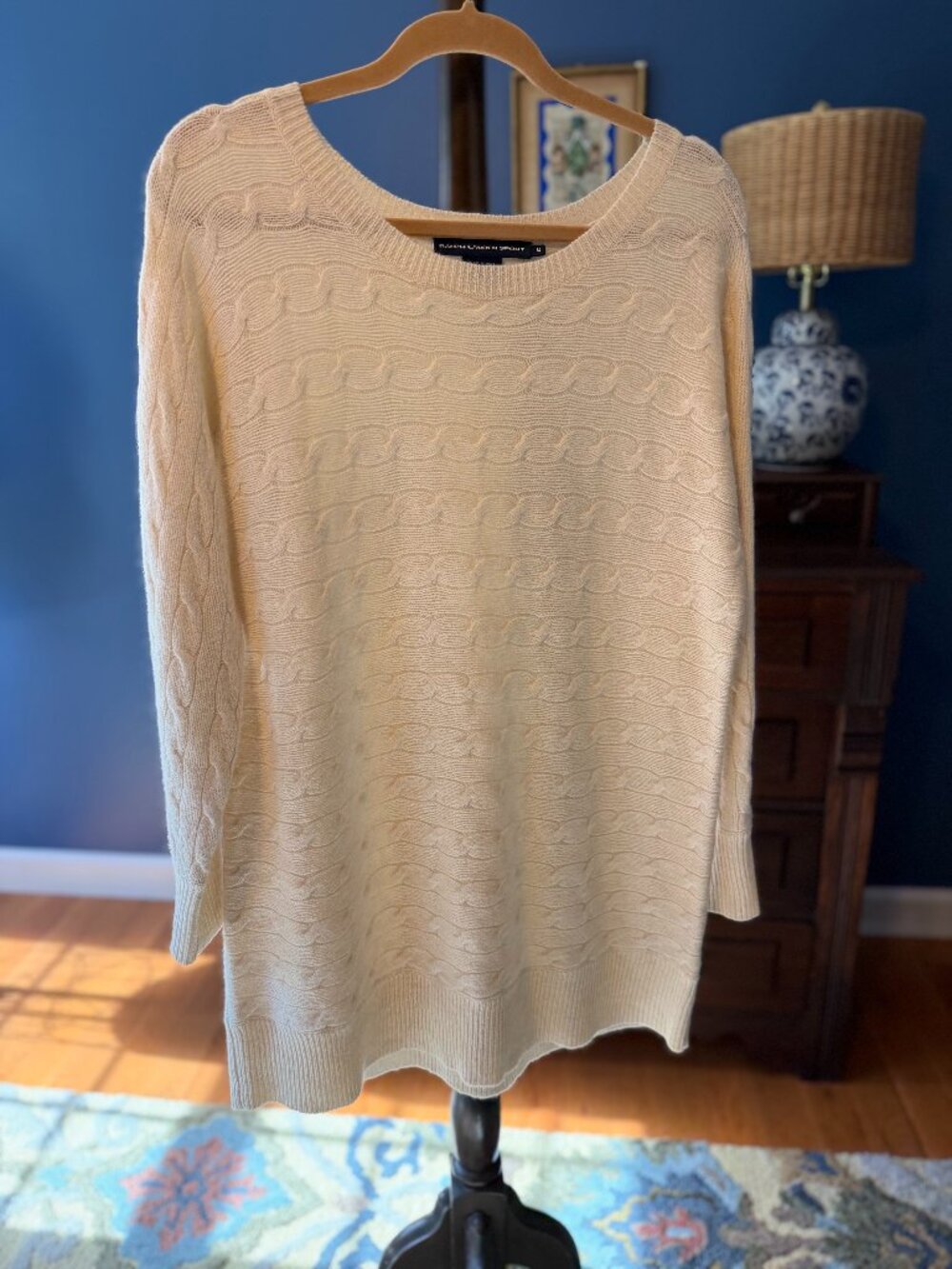 Ralph Lauren Sport Women’s M Cream Cable Knit Sweater Tunic Length Scoop Neck Pu